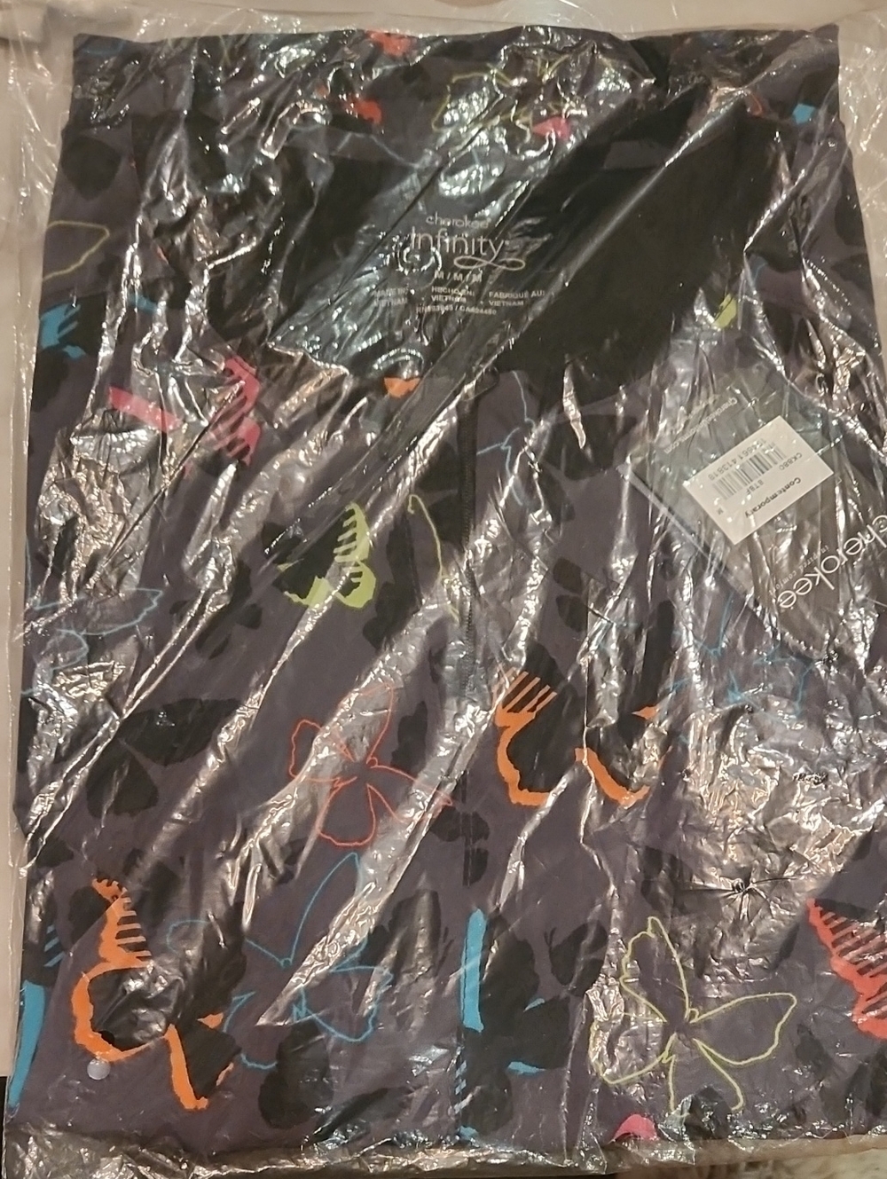 Infinity Womens Gray Short-Sleeve Scrub Shirt with Multicolor Butterfly Print